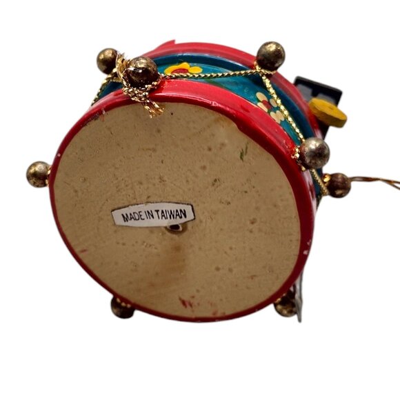 Vintage Flocked Teddy Bear Christmas Ornament With Drum & Train Toys Mini 2.5" - Picture 3 of 6